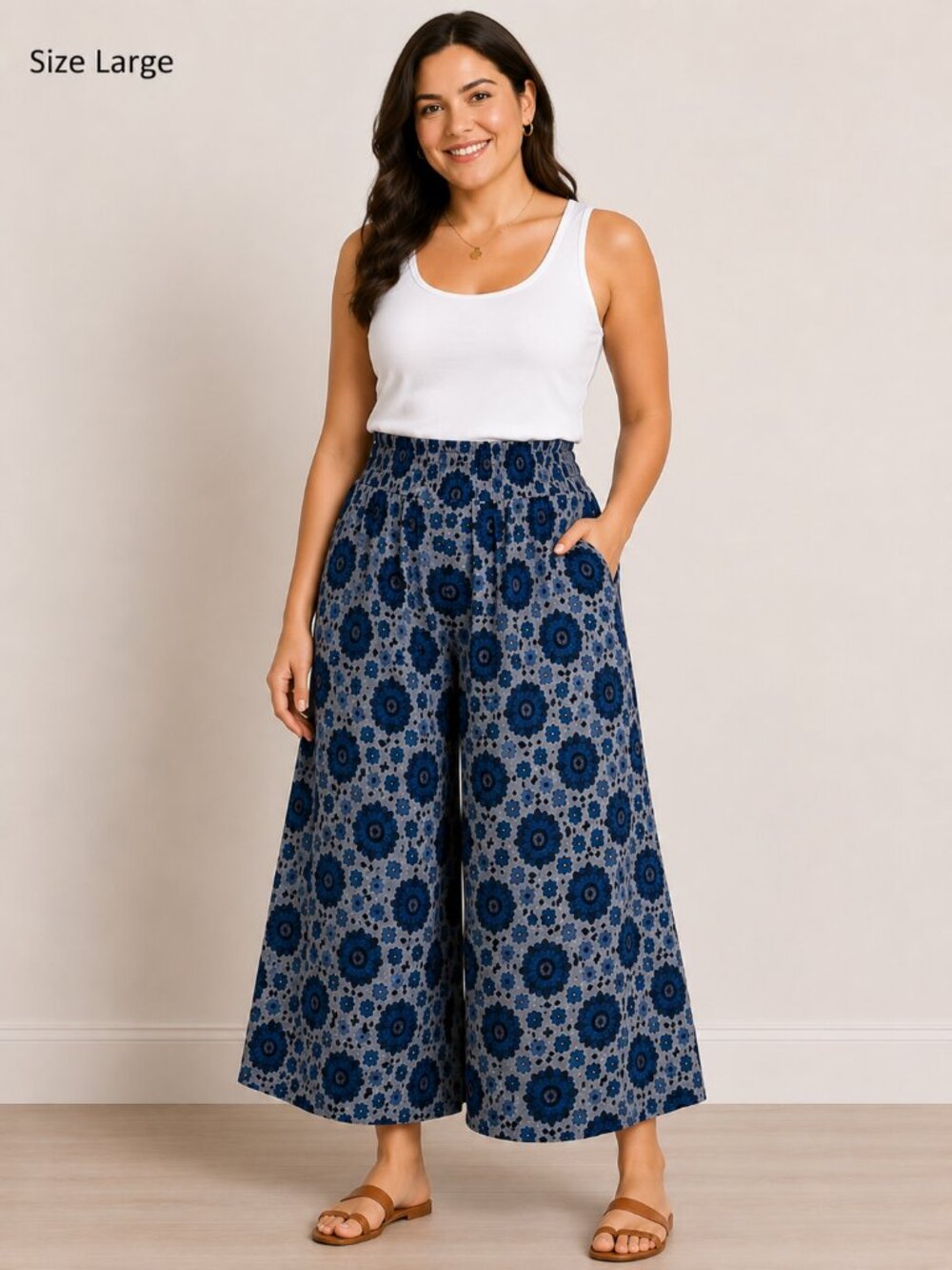 Free People Blue Floral Wide Leg Culotte Pants Women's Size Large Elastic Waist